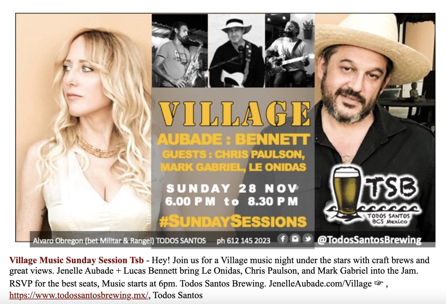 Join the Village for live music at Todos Santos Brewing Sun Nov 28